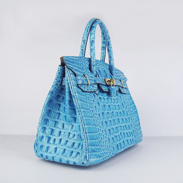 Replica Hermes Birkin 30CM Crocodile Head Veins Bag Light Blue 6088 On Sale